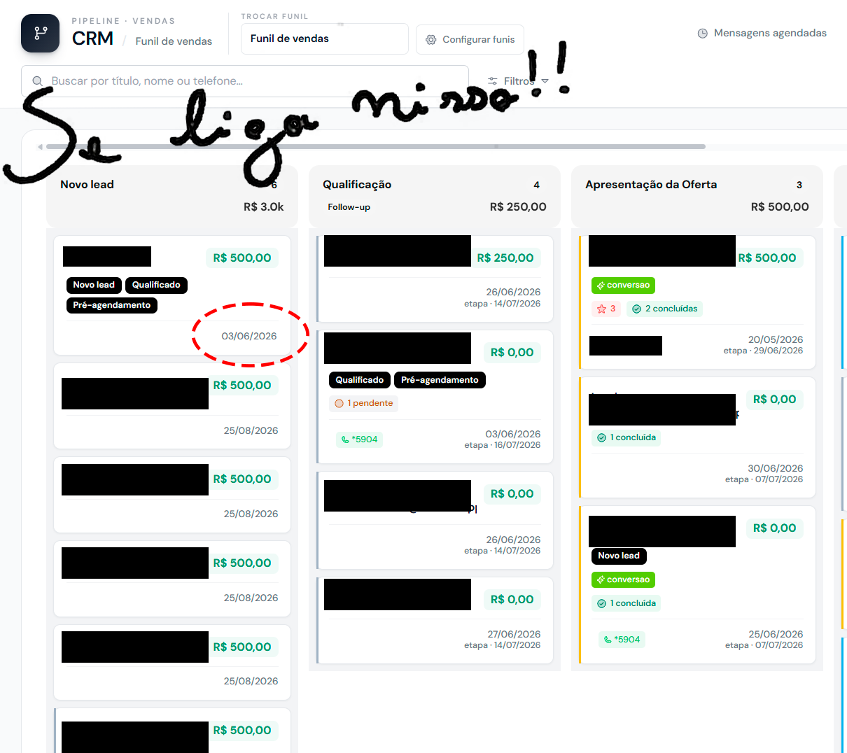 Funil de vendas no CRM com um lead parado na primeira etapa desde 03/06